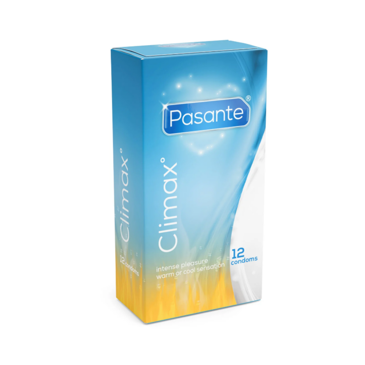 A Pasante Climax condom box. The box is blue and white. The name "Pasante" is written in blue letters inside a heart shape. Below the name are the words "Climax". The box contains 12 condoms. Imagen principal del producto