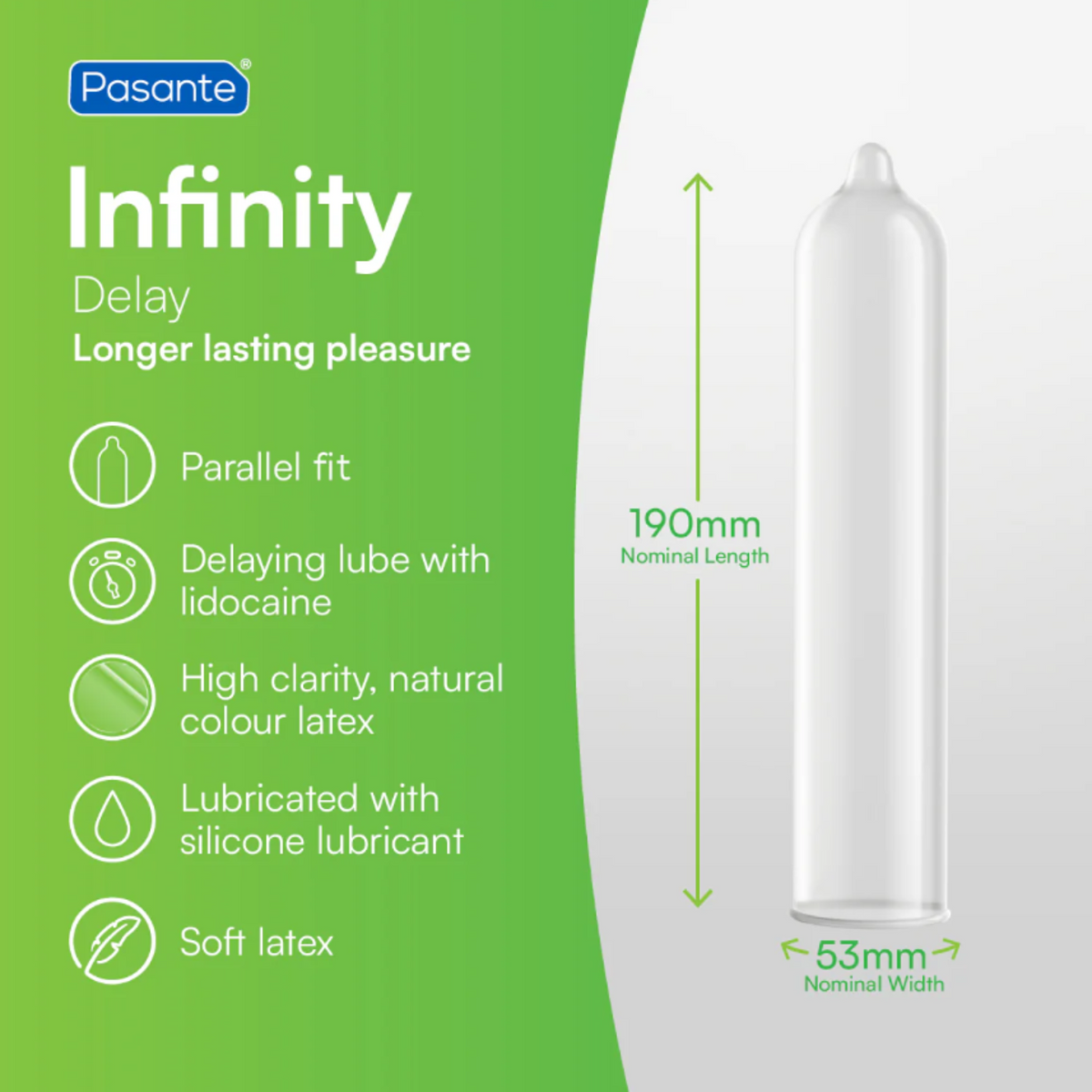 Information of Pasante Delay Infinity condom. On the left side, a list of features is provided: "Infinity Delay Longer lasting pleasure," "Parallel fit," "Delaying lube with lidocaine," "High clarity, natural colour latex," "Lubricated with silicone lubricant," and "Soft latex." On the right side, an illustration of a single condom is shown with its dimensions. The nominal length is 190mm and the nominal width is 53mm.