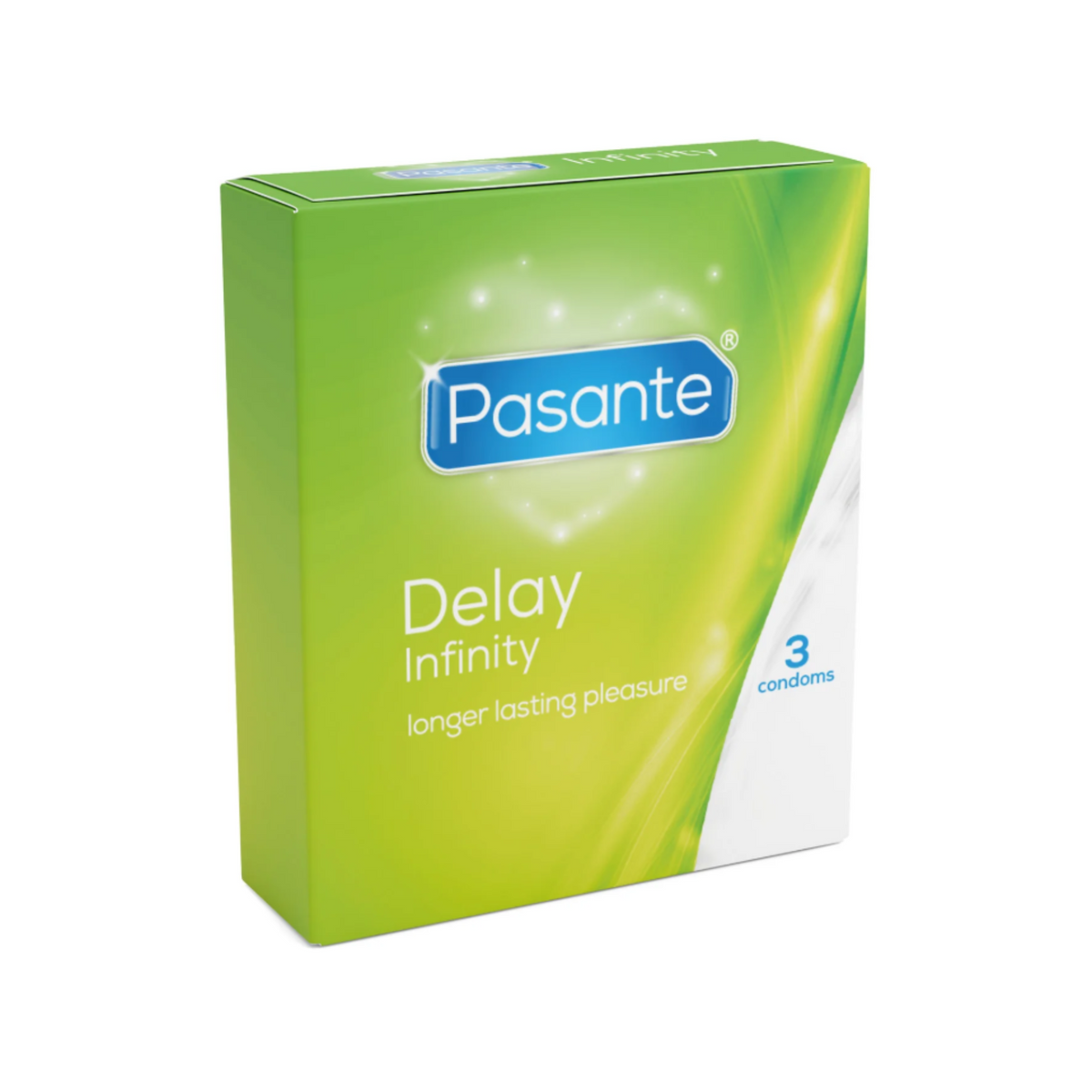A Pasante Delay Infinity condom box. The box is light green and white. The name "Pasante" is written in blue letters in the middle of the box. Below the name are the words "Delay Infinity". The box contains 3 condoms. Imagen principal del producto