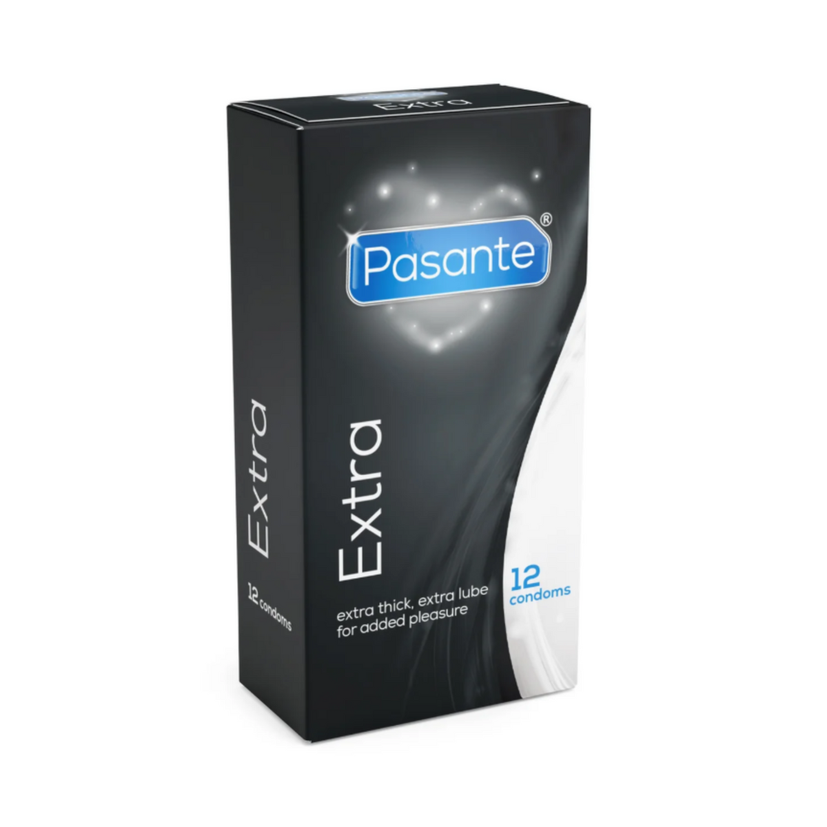 A Pasante Extra condom box. The box is black with a white heart shape on the front. The name "Pasante" is written in blue letters inside the heart, with the word "Extra" below it. The box contains 12 condoms, which are extra thick and have extra lube for "added pleasure." Imagen principal del producto