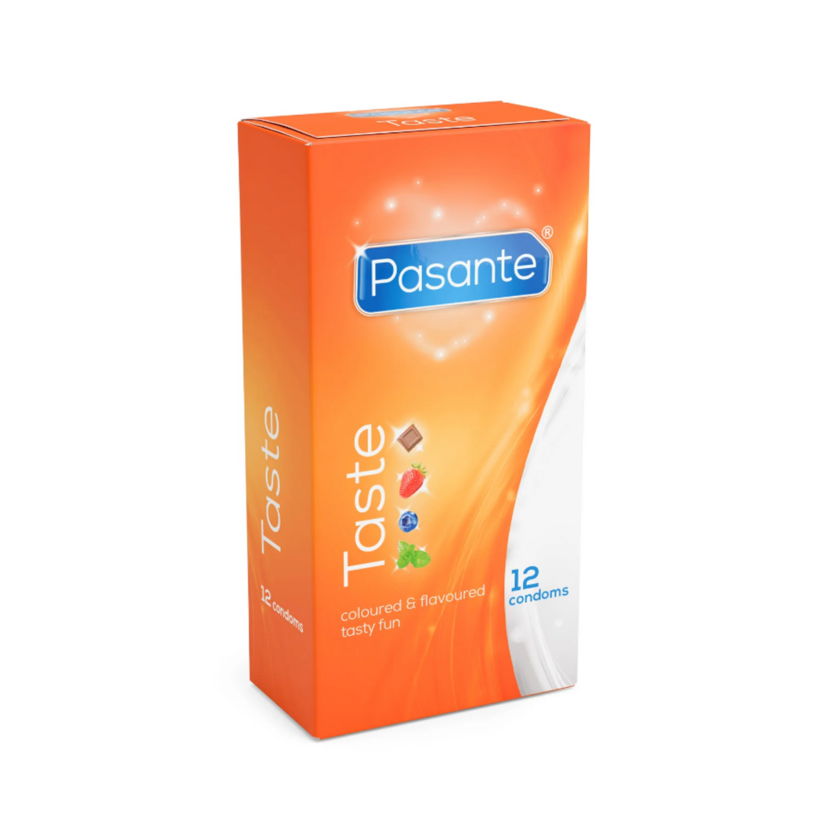 A box of Pasante Taste Flavours condoms. The box is orange and white, with the brand name at the top. The box contains 12 condoms. Imagen principal del producto