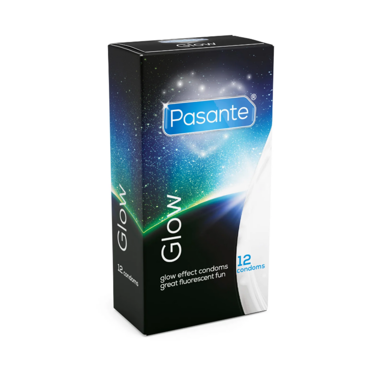 A box of 'Pasante Glow' condoms. The box is black with a glowing, blue and white cosmic design. The box contains 12 condoms.