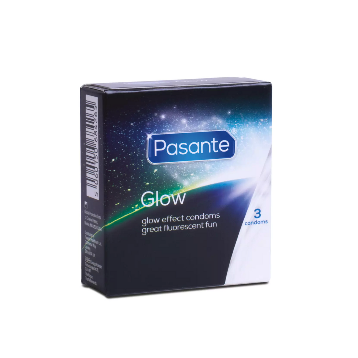 A box of 'Pasante Glow' condoms. The box is black with a glowing, blue and white cosmic design. The box contains 3 condoms. Imagen principal del producto
