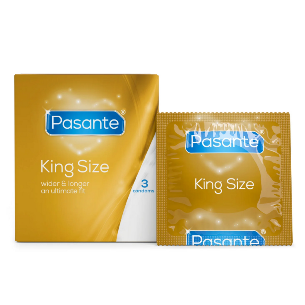 Pasante King Size Box of 3 and one piece condom in the white background