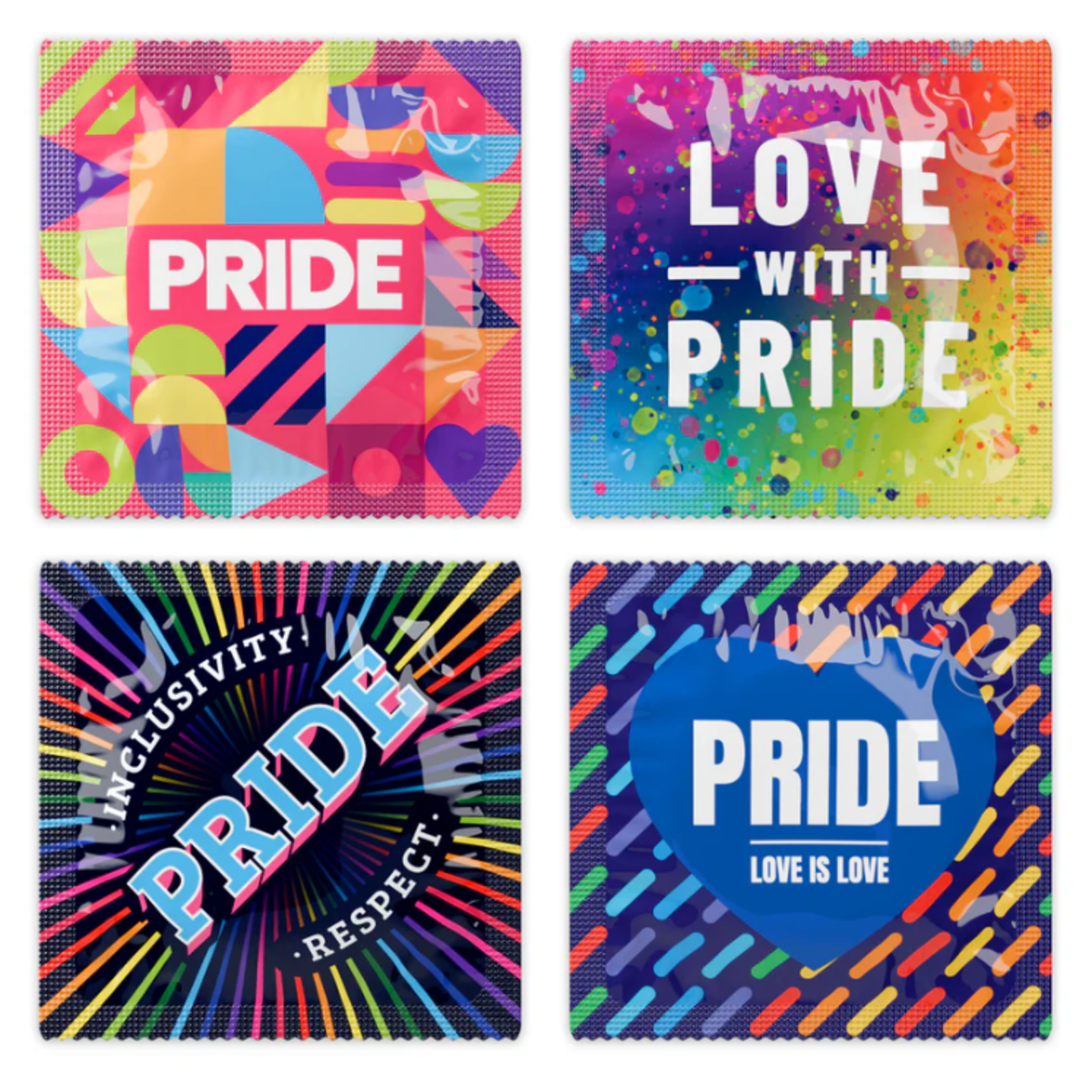 Pasante Pride individual condom wrappers in four different colourful designs.