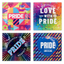 Pasante Pride individual condom wrappers in four different colourful designs.