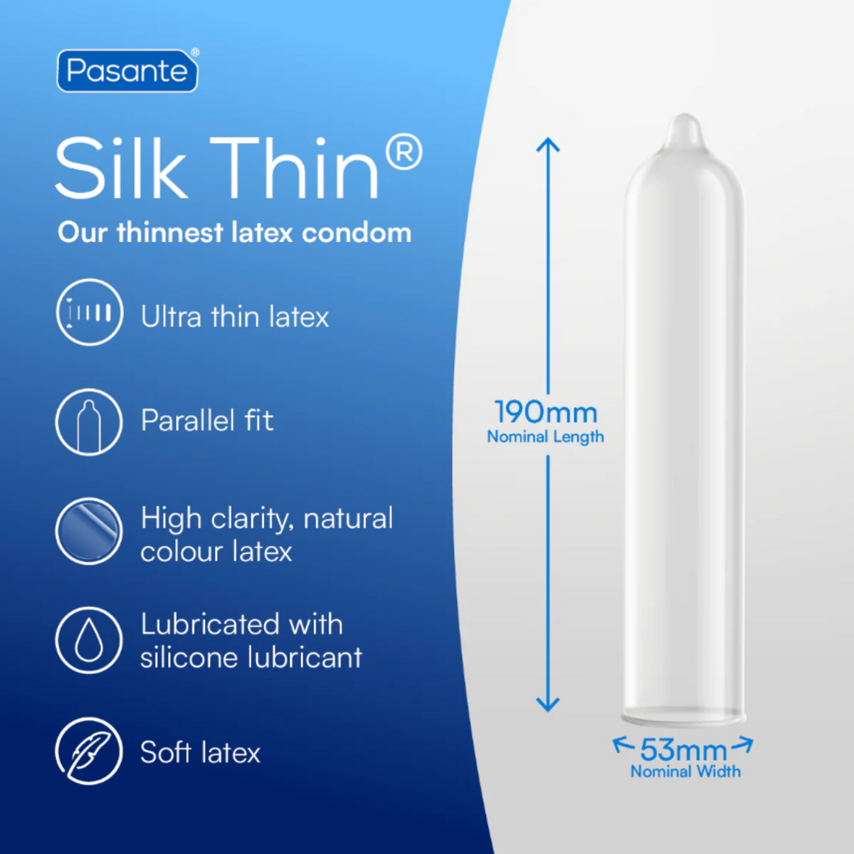 Information of Pasante Silk Thin condom. On the left side, a list of features is provided: "Silk Thin Our thinnest latex condom," "Ultra thin latex," "Parallel fit," "High clarity, natural colour latex," "Lubricated with silicone lubricant," and "Soft latex." On the right side, an illustration of a single condom is shown with its dimensions. The nominal length is 190mm and the nominal width is 53mm.