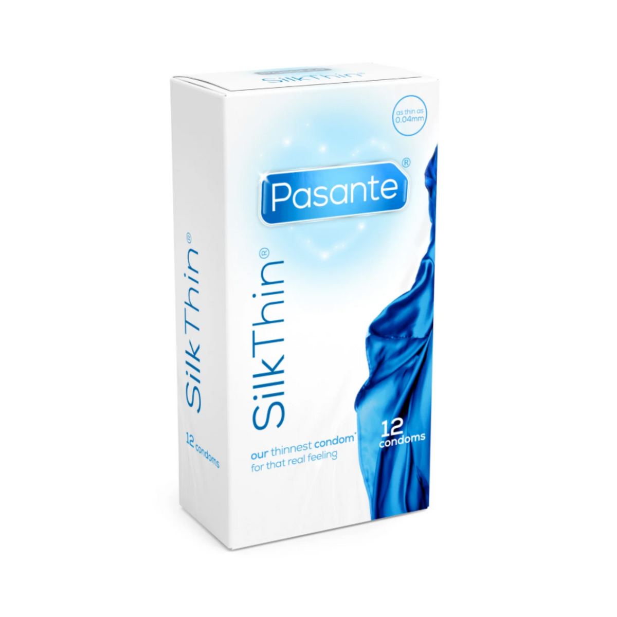 A Pasante Silk Thin condom box. The box is white and light blue. The name "Pasante" is written in blue letters in the middle of the box, with the words "Silk Thin" below it. The box contains 12 condoms. Imagen principal del producto