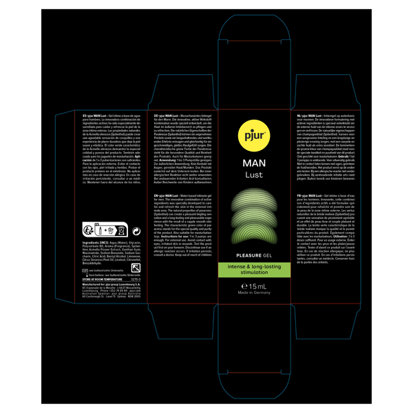 Flattened packaging box template layout for Pjur Man Lust pleasure gel, displaying product description in multiple languages, usage instructions, ingredients list, and technical specifications.