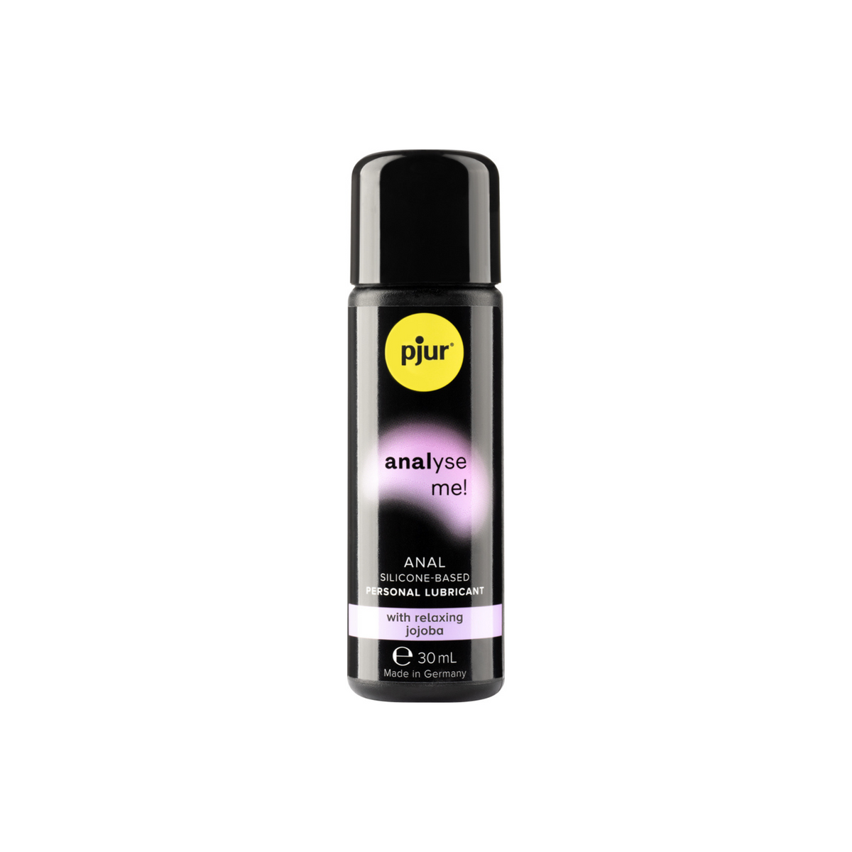 A black bottle of pjur "analyse me!" 30ml anal silicone-based personal lubricant with relaxing jojoba is shown against a white background. Imagen principal del producto