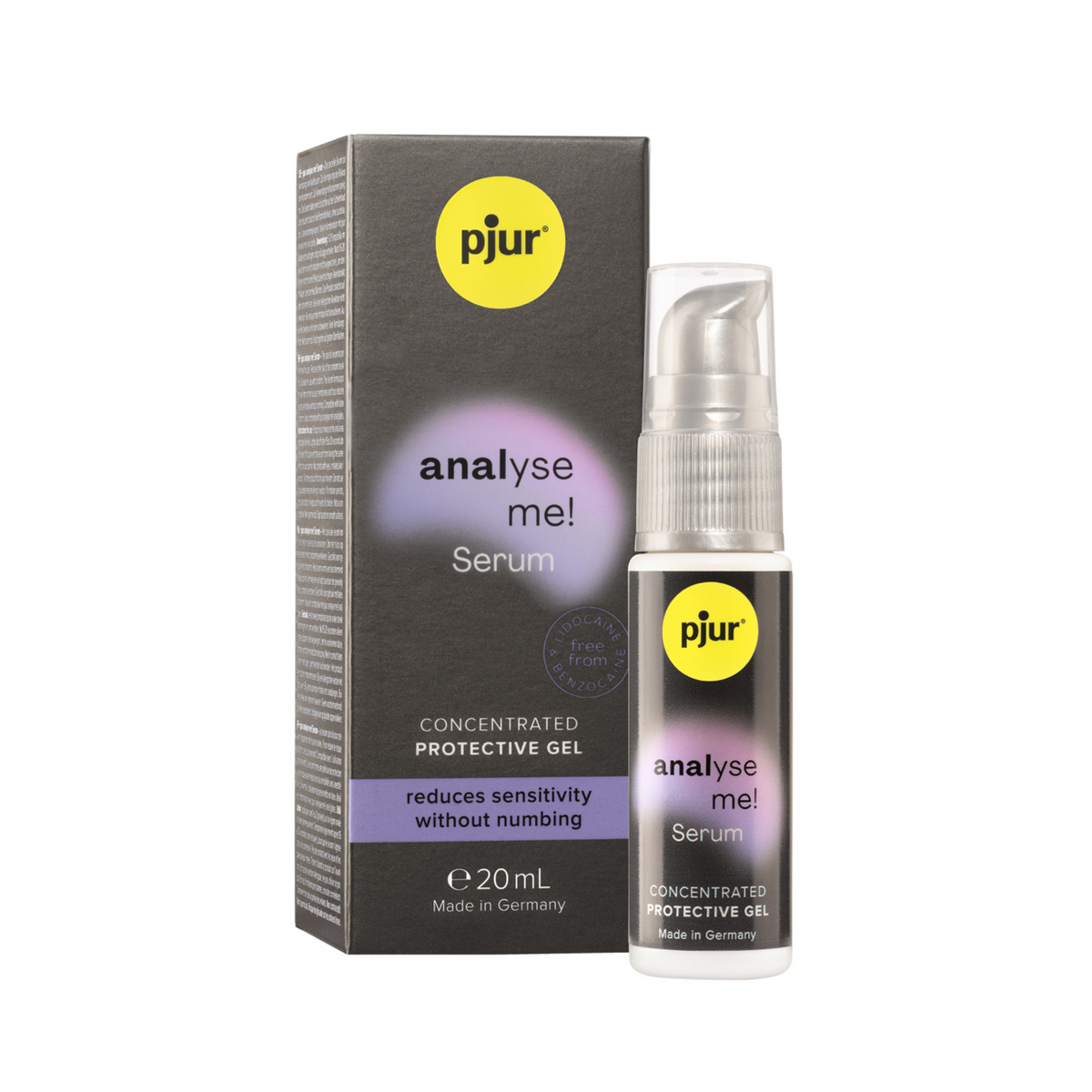 A gray box and a clear pump bottle of pjur "analyse me! Serum" are presented against a white background.  Imagen principal del producto