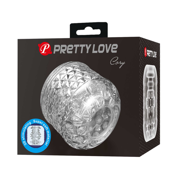 Retail box packaging shot for the Pretty Love Cory clear male masturbator, featuring product photography and a blue feature badge highlighting its super soft 3D stimulating material.