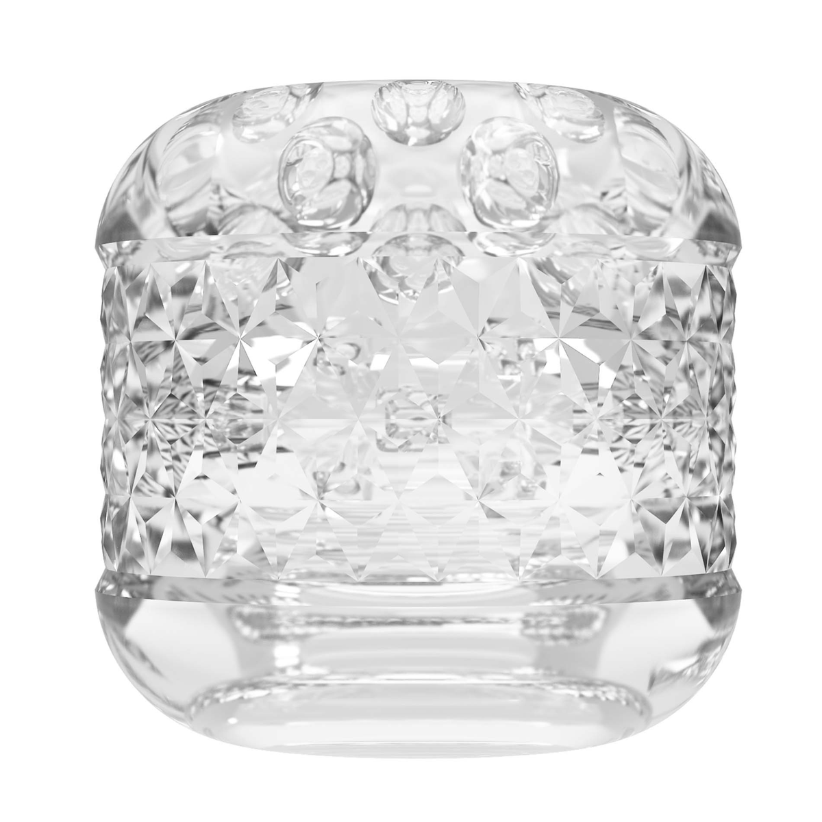 Side profile shot of the compact clear Cory masturbator sleeve, highlighting its geometric diamond-patterned center band.