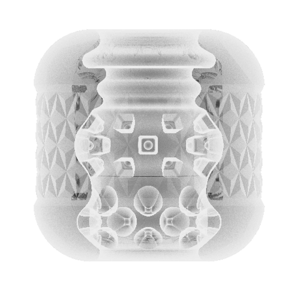 Cross-section view of the clear Cory male masturbator sleeve, showcasing its multi-textured internal canal with ribbed, dotted, and nubbed chambers.