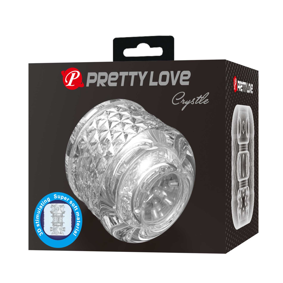Retail box packaging shot for the Pretty Love Crystle clear male masturbator, featuring product photography and a blue feature badge highlighting its super soft 3D stimulating material. Imagen principal del producto