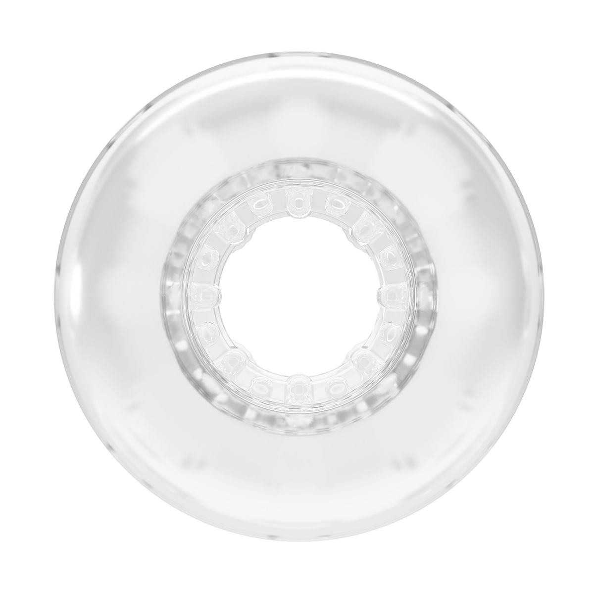 Top-down view looking directly into the entry opening of the transparent Crystle male masturbator, revealing internal soft nubs.