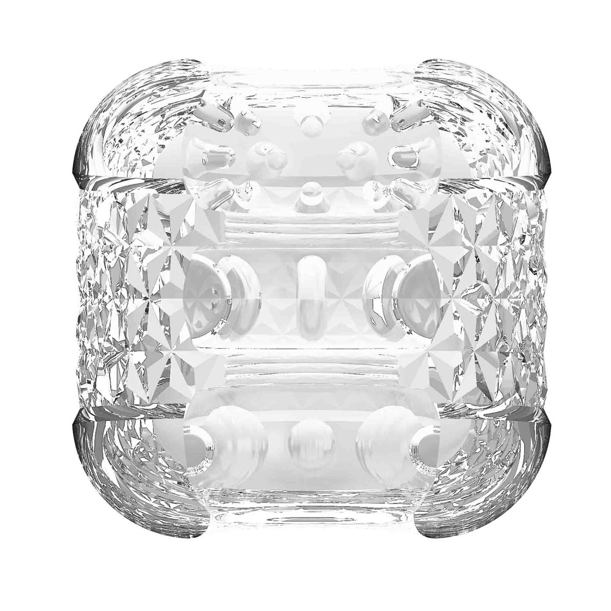 Cross-section view of the clear Crystle male masturbator sleeve, showcasing its multi-textured internal canal with ribbed, dotted, and nubbed chambers.