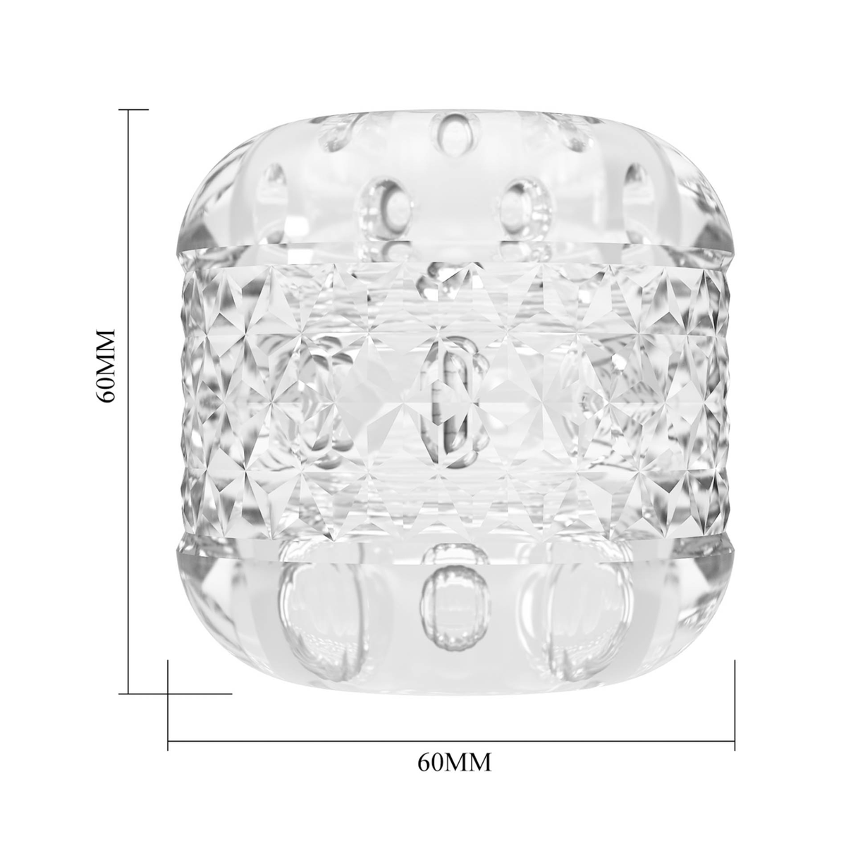 Dimension diagram of the clear Crystle male masturbator sleeve displaying equal height and width measurements of 60 mm by 60 mm.