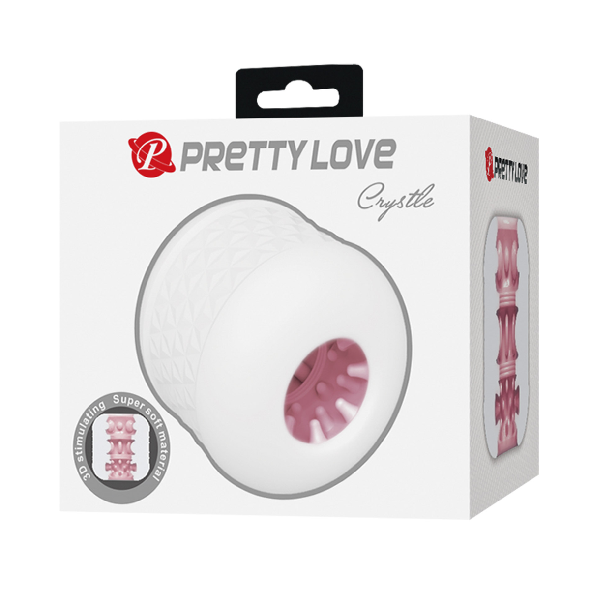 Retail box packaging shot for the Pretty Love Crystle white male masturbator featuring product artwork and feature badges. Imagen principal del producto