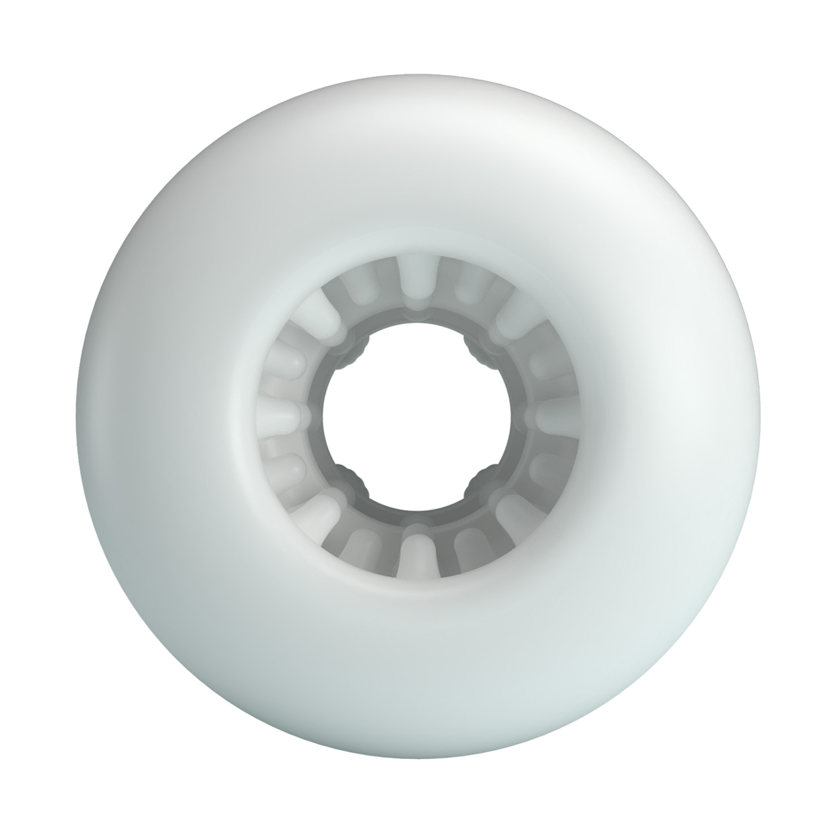 Top-down view looking directly into the entry opening of the white Crystle male masturbator, revealing internal soft nubs.