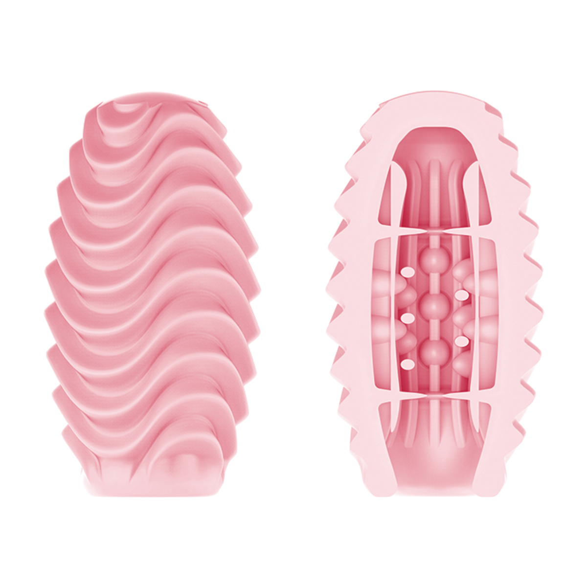 Studio comparison shot displaying the wavy exterior texture of the pink masturbation egg on the left and a cross-section diagram of its internal nubs and ribs on the right.
