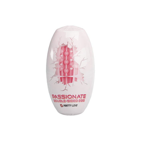 Product packaging photo showing the Pretty Love Passionate Double-Sided Egg inside its egg-shaped white plastic shell container with a cracked-egg graphic design.