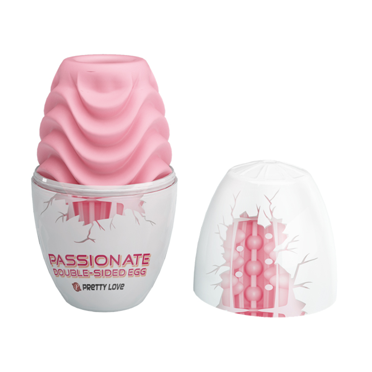 Open packaging shot showing the top half of the egg-shaped shell removed to reveal the flexible pink masturbation egg resting inside the base. Imagen principal del producto