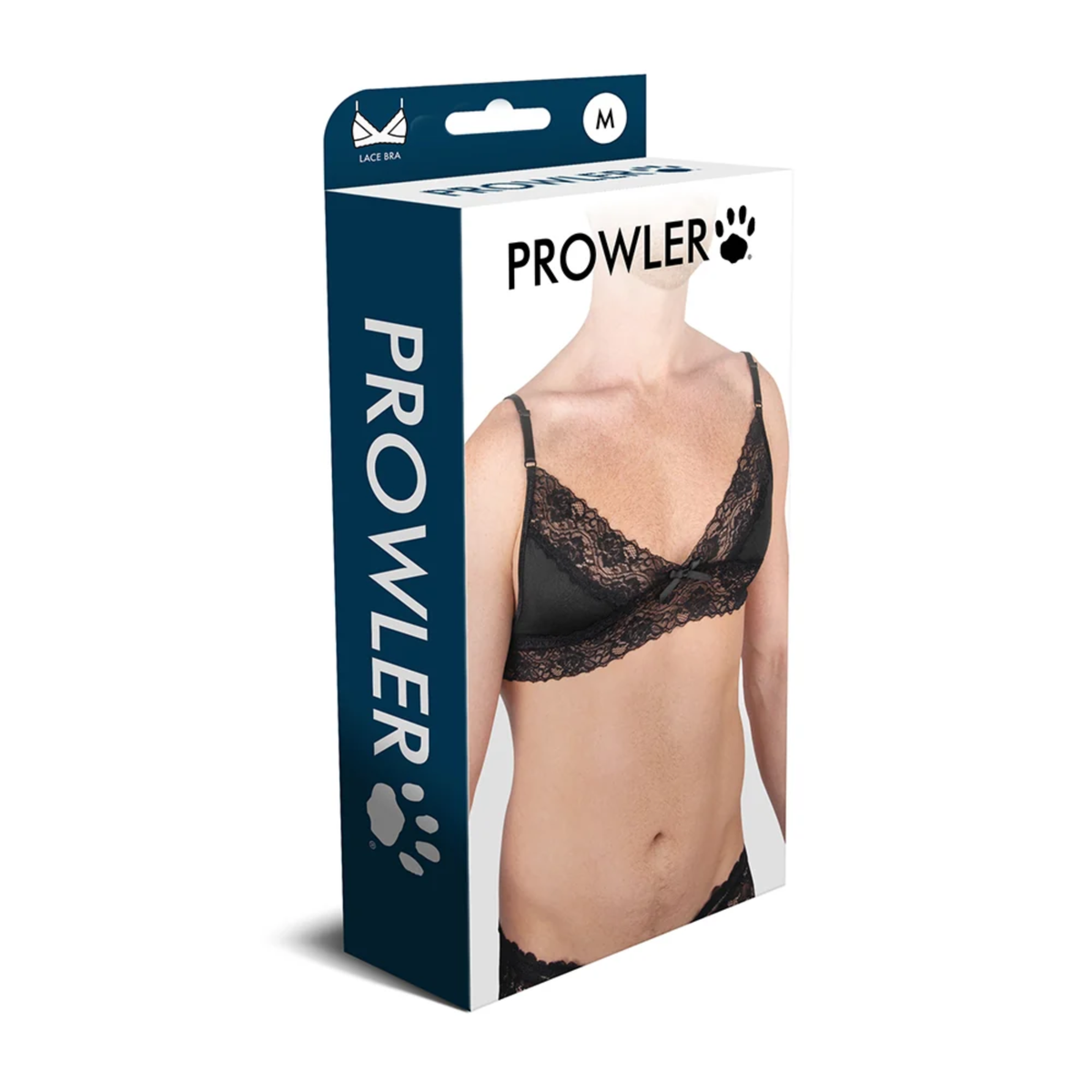 Perspective packaging view of the Prowler Male Lace Bra box featuring a close-up model shot, size "M" label badge, and Prowler paw logo branding on the side spine. Imagen principal del producto