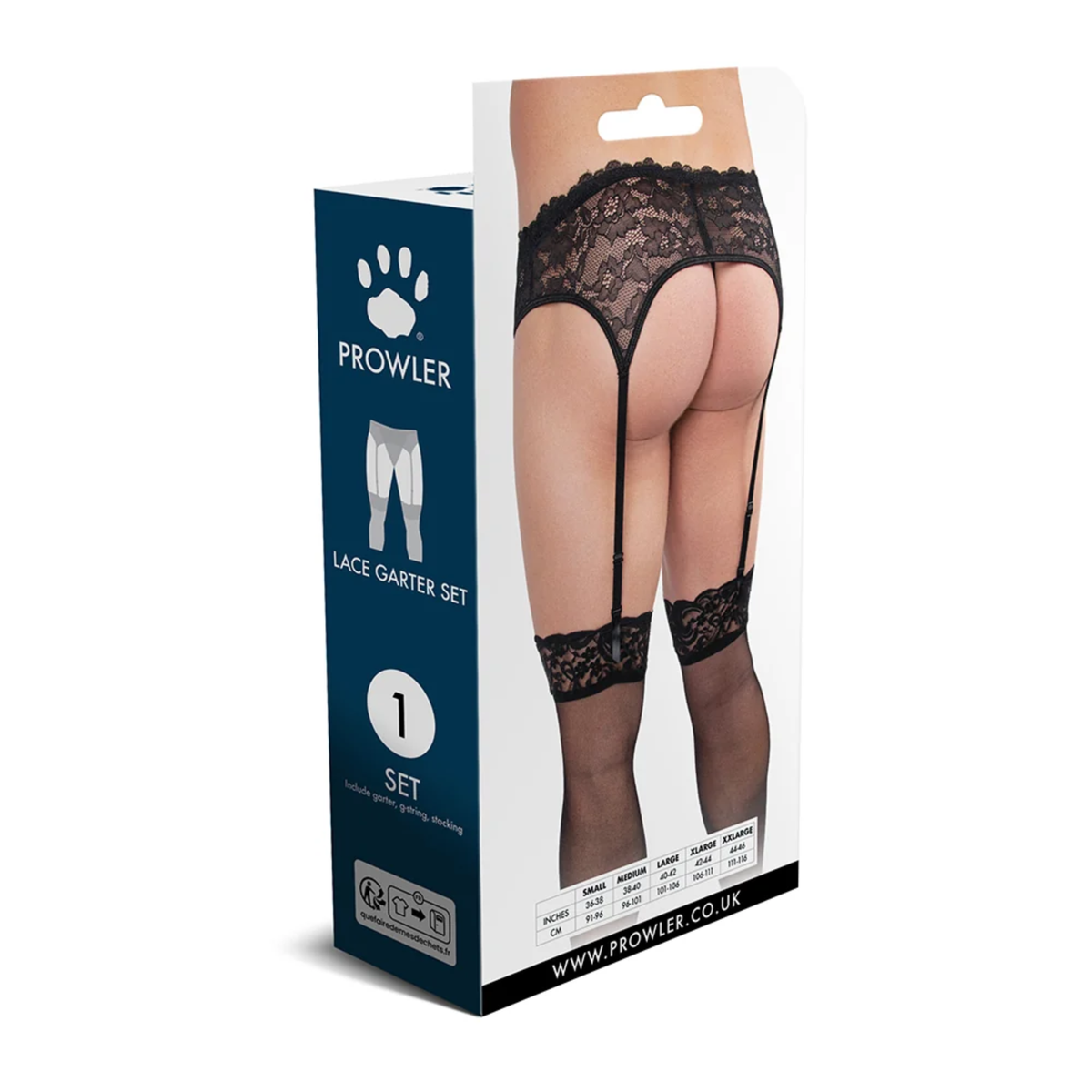 Rear packaging perspective view of the retail box showcasing the back model shot, product inclusions note ("Include garter, g-string, stocking"), and sizing measurement chart at the bottom.