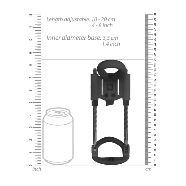 Size diagram for the Pumped Penis Extender, showing adjustable length (10-20 cm / 4-8 inches) and base diameter (3.5 cm / 1.4 inches) next to a soda can for scale.