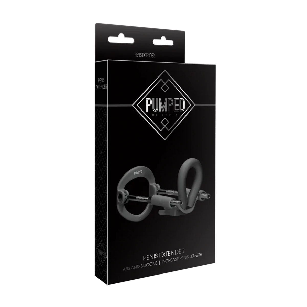 Packaging for the black Pumped Penis Extender, showing the device and brand logo. Imagen principal del producto
