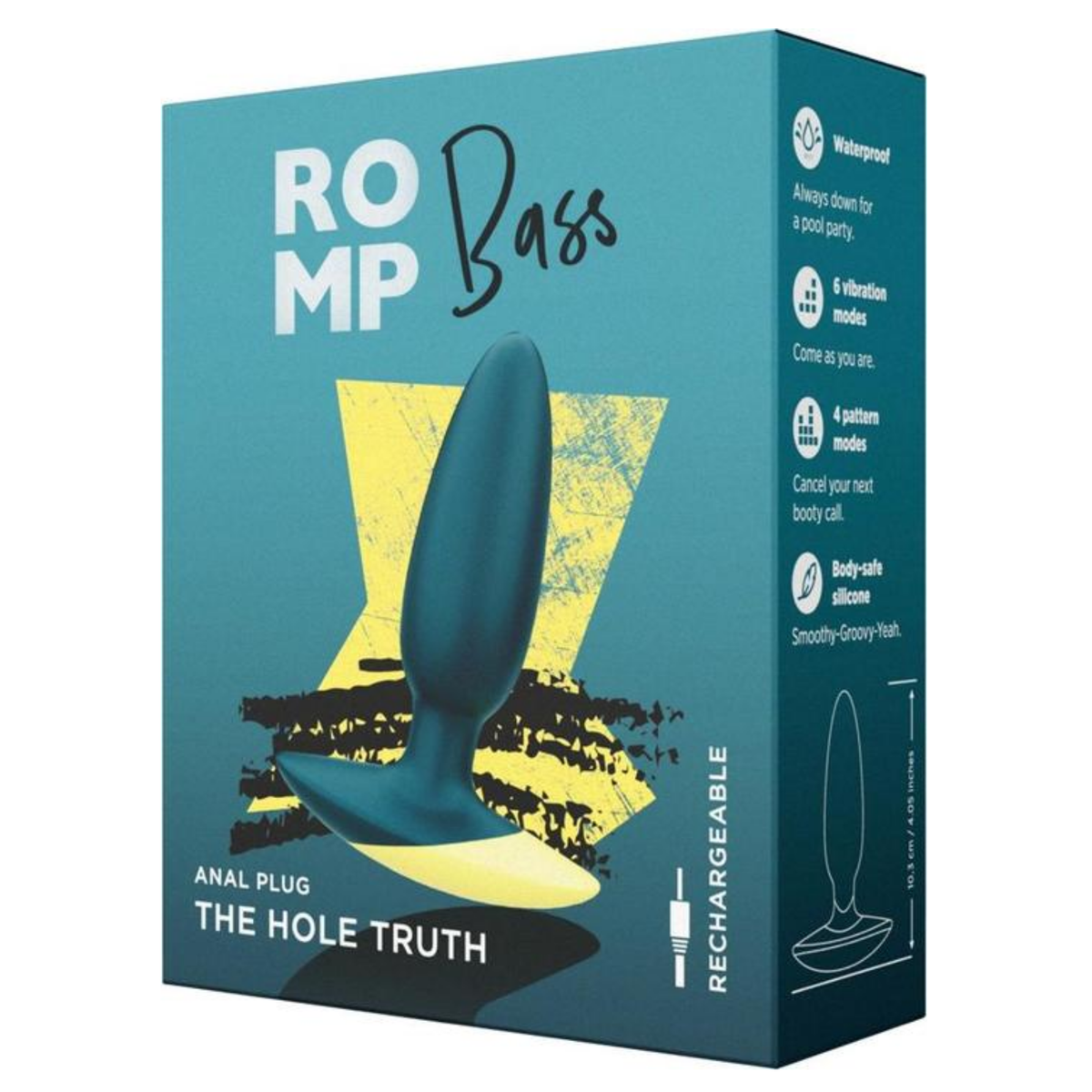 Retail box packaging view for the ROMP Bass Vibrating Anal Plug "The Hole Truth" featuring product specs along the side. Imagen principal del producto