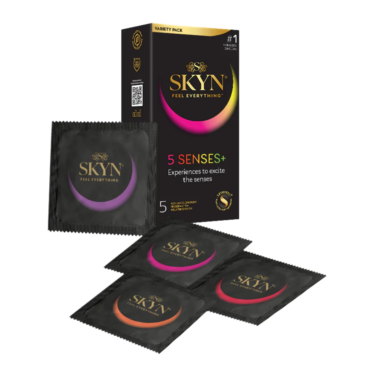 Front view of a black SKYN 5 Senses+ variety pack box with four individual condom foils in purple, pink, and orange displayed in front. Imagen principal del producto