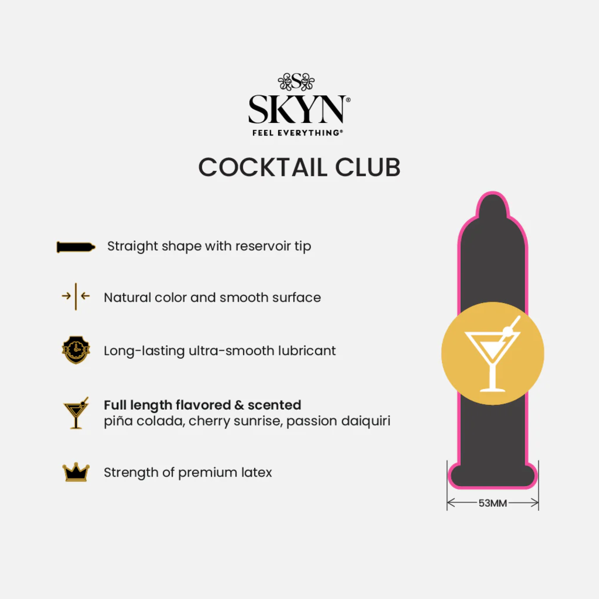 A product graphic detailing the features of SKYN Cocktail Club condoms. The list highlights: straight shape with reservoir tip, natural color and smooth surface, long-lasting ultra-smooth lubricant, full length flavored & scented (piña colada, cherry sunrise, passion daiquiri), and strength of premium latex. A stylized diagram of a condom shows a nominal width of 53mm and features a cocktail glass icon.