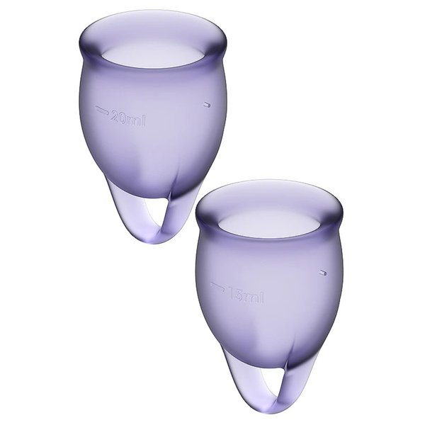 Studio product shot featuring the set of two translucent lilac menstrual cups displaying their respective 15 ml and 20 ml volume measurement markings.