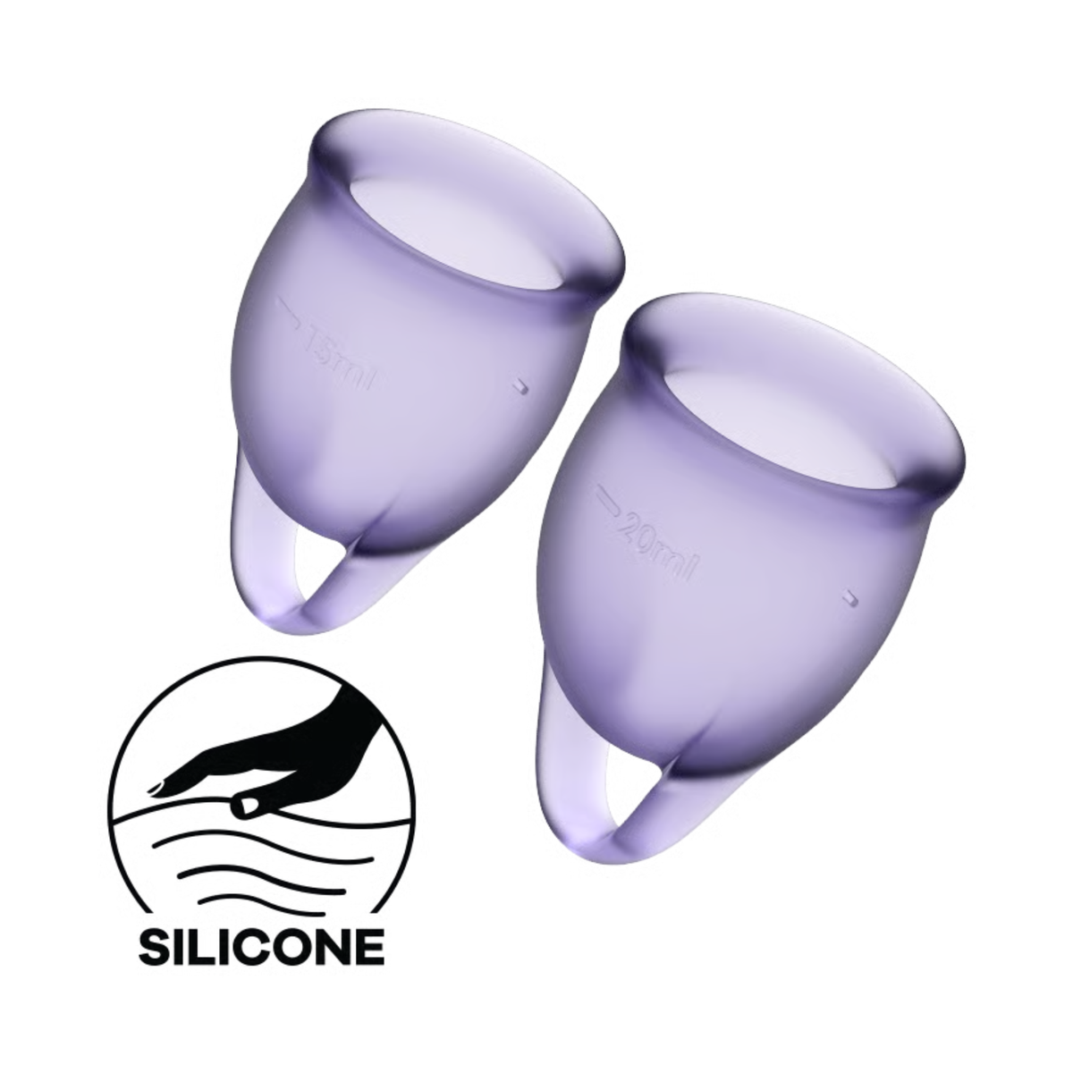 Studio product shot of the two lilac silicone menstrual cups next to a circular icon indicating medical-grade silicone construction.