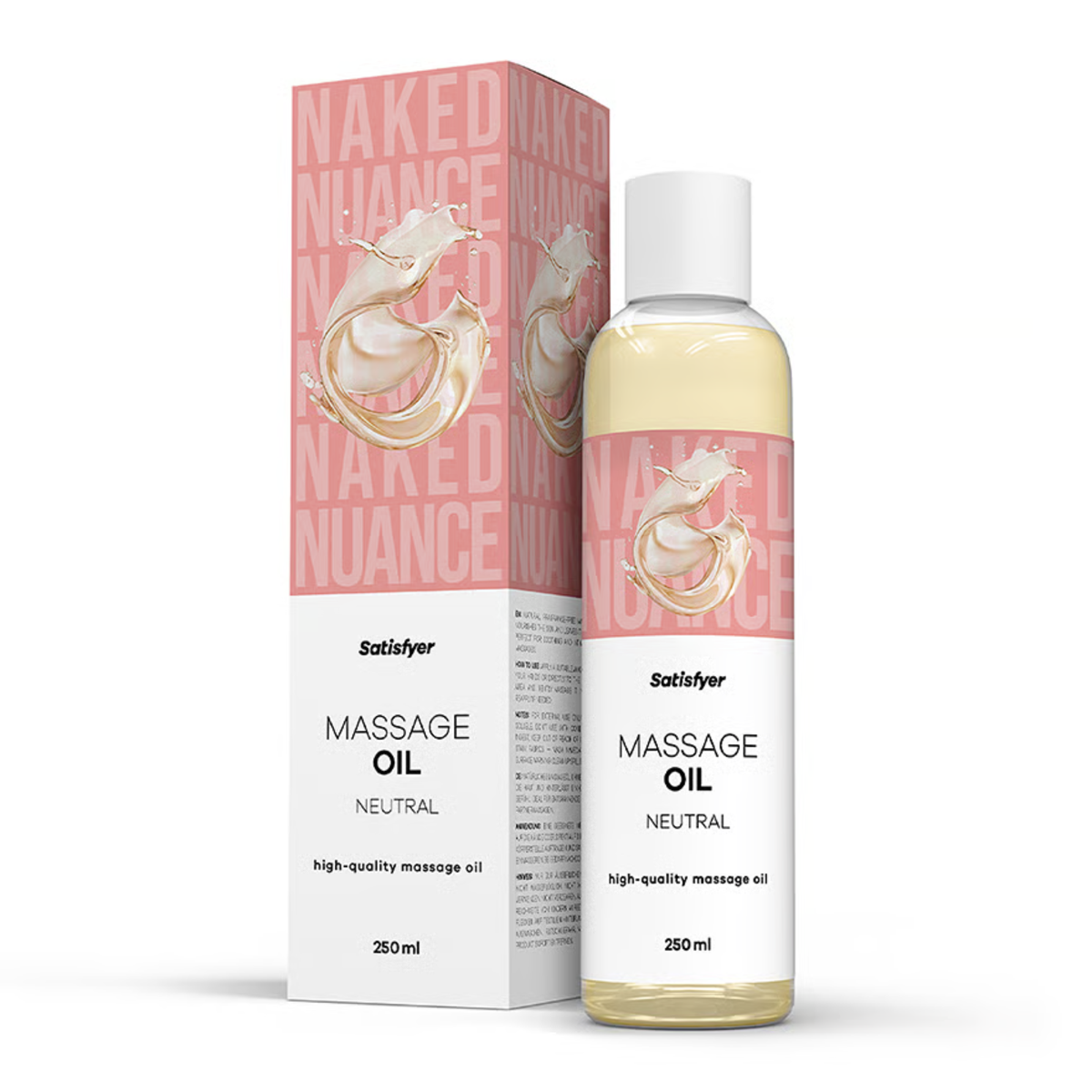 Product packaging display showing the 250 ml clear bottle of Satisfyer Neutral Massage Oil standing next to its pink and white box. Imagen principal del producto