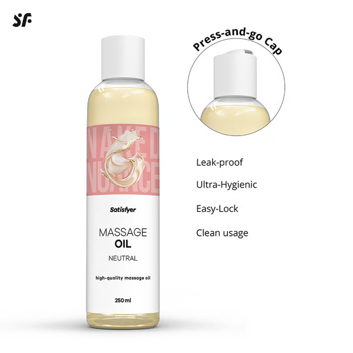 Feature graphic of the Satisfyer Neutral Massage Oil highlighting its leak-proof, press-and-go cap design alongside key benefits.