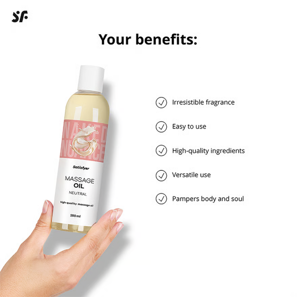 Infographic displaying a hand holding the 250 ml Satisfyer Neutral Massage Oil bottle next to a checklist detailing product benefits.
