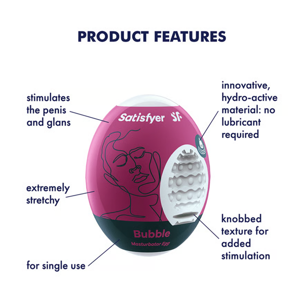 Product feature infographic detailing the magenta Satisfyer Bubble Masturbator Egg, highlighting its single-use design, stretchy hydro-active material, knobbed inner texture, and penis stimulation capabilities.