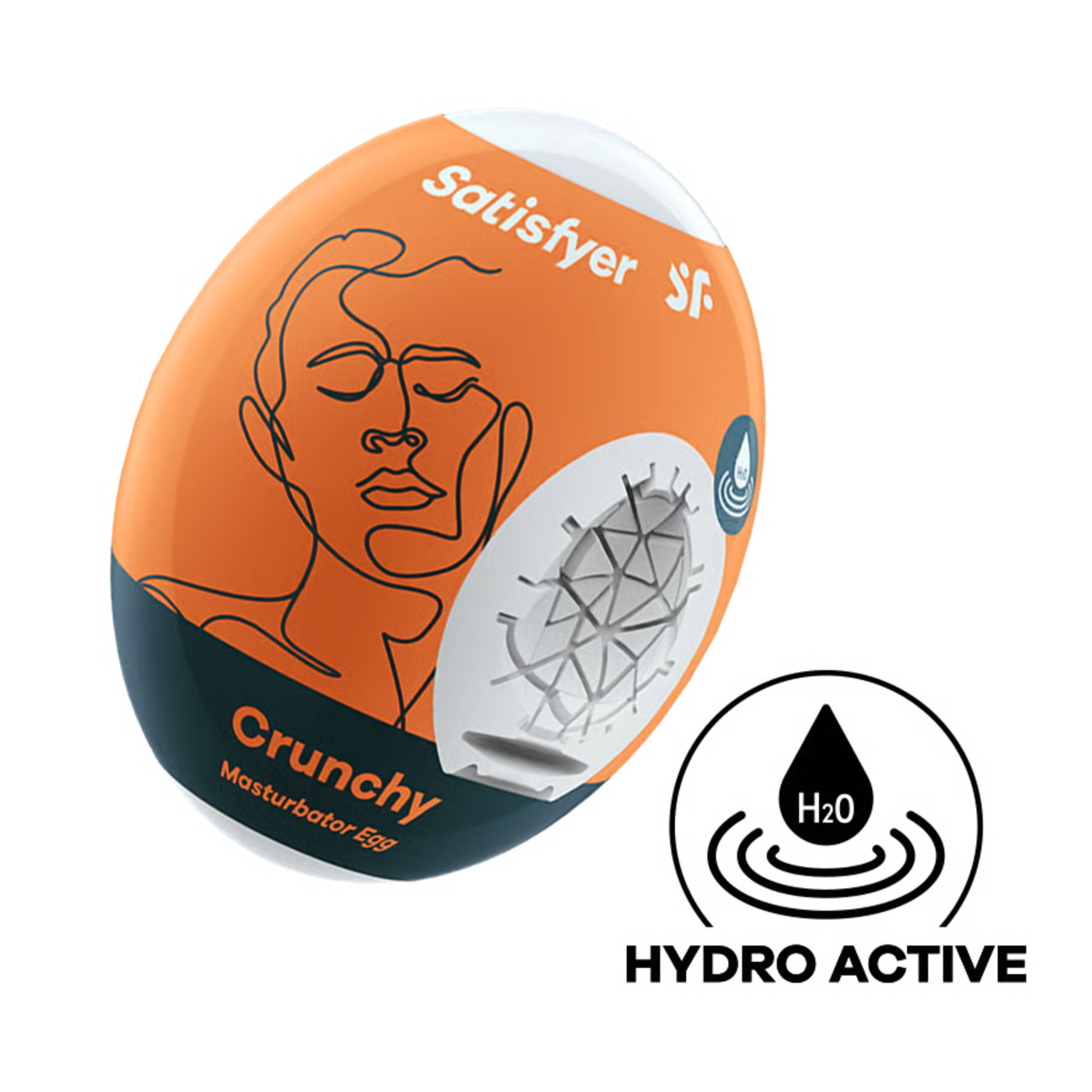 Studio product shot of the orange and dark slate Satisfyer Crunchy Masturbator Egg packaging, displaying a cutaway to the geometrically textured white inner sleeve and a circular "Hydro Active" icon below. Imagen principal del producto
