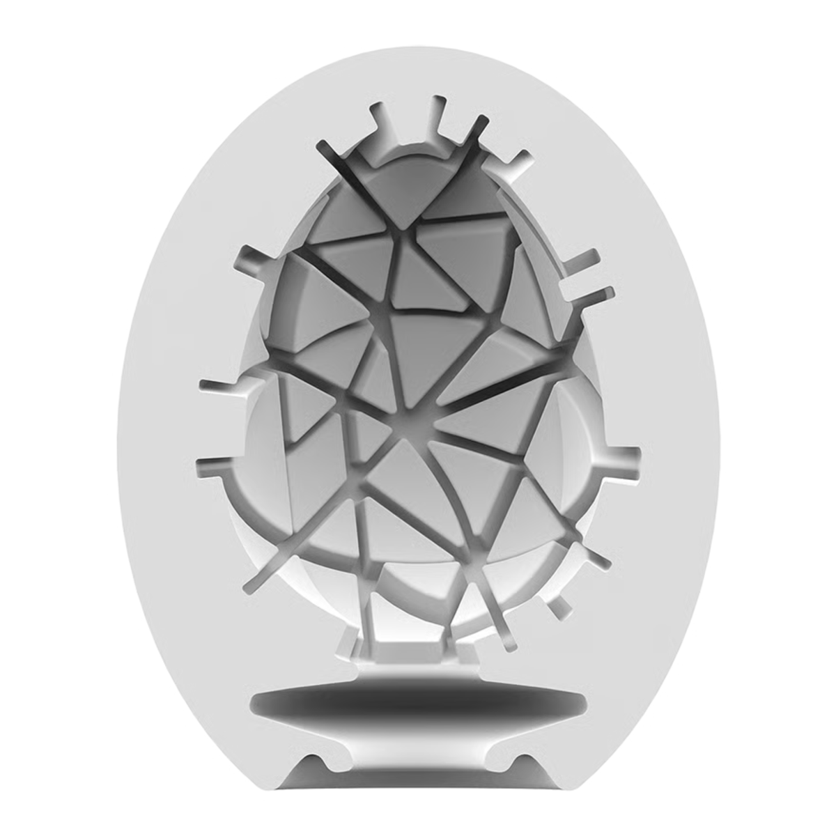 Cross-section view of the flexible white silicone inner sleeve for the Satisfyer Crunchy Masturbator Egg, revealing an internal geometric pattern of cracked, web-like angular ridges for stimulation.