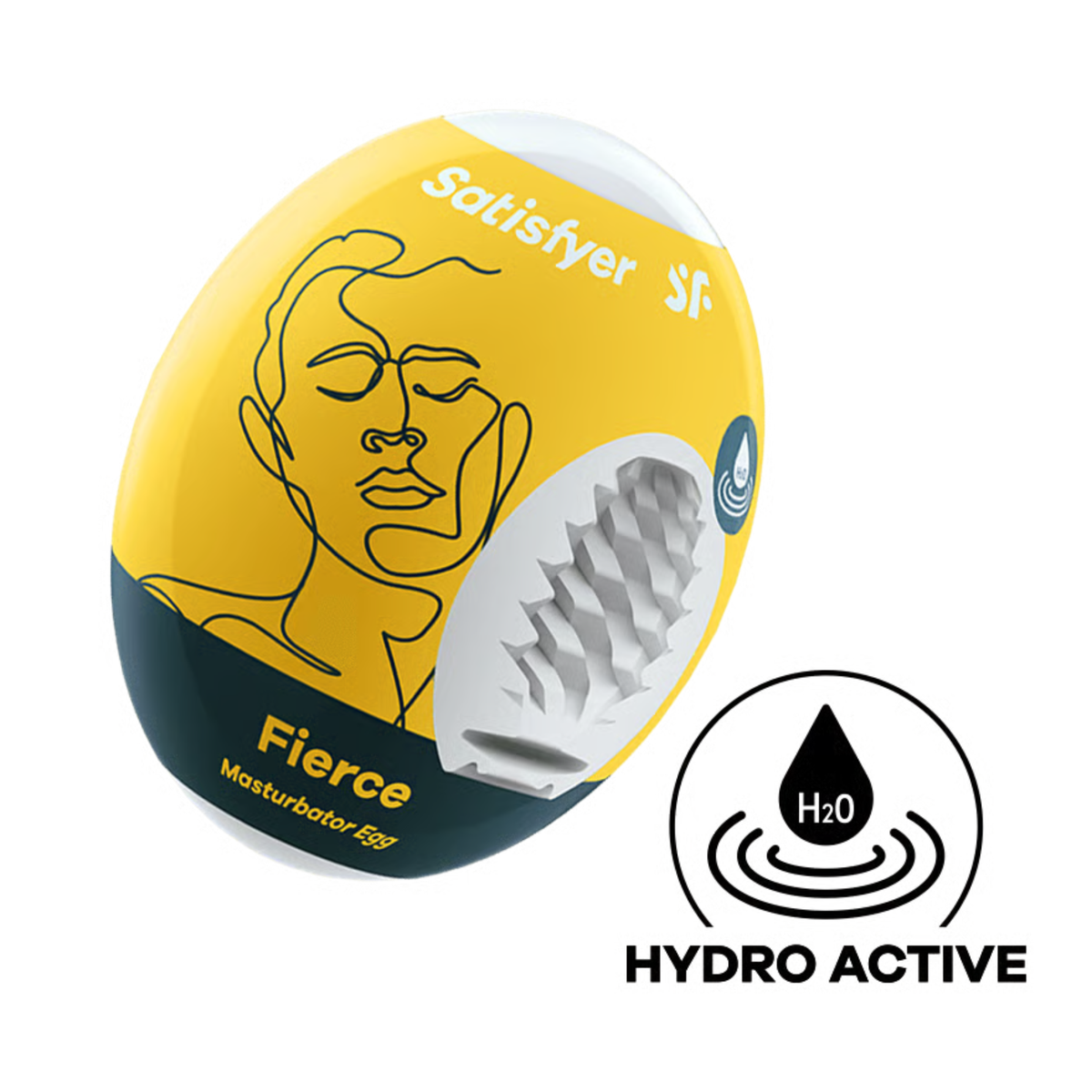 Studio product shot of the yellow and dark slate Satisfyer Fierce Masturbator Egg packaging, displaying a cutaway to the spiral-textured white inner sleeve and a circular "Hydro Active" icon below. Imagen principal del producto