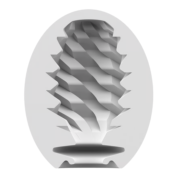 Cross-section view of the flexible white silicone inner sleeve for the Satisfyer Fierce Masturbator Egg, revealing an internal pattern of spiraling, angled ridges for stimulation.