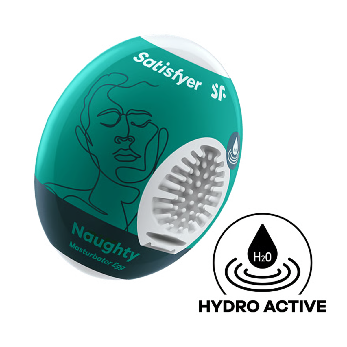 Studio product shot of the teal and dark slate Satisfyer Naughty Masturbator Egg packaging, displaying a cutaway to the spiky-textured white inner sleeve and a circular "Hydro Active" icon below. Imagen principal del producto