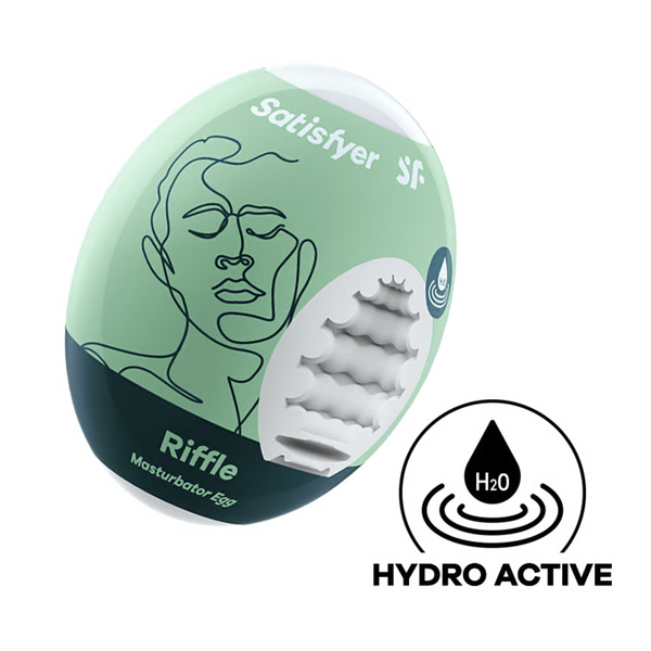 Studio product shot of the mint-green and dark teal Satisfyer Riffle Masturbator Egg in its packaging, with a cutaway showing the white inner sleeve texture and a circular "Hydro Active" icon below.
