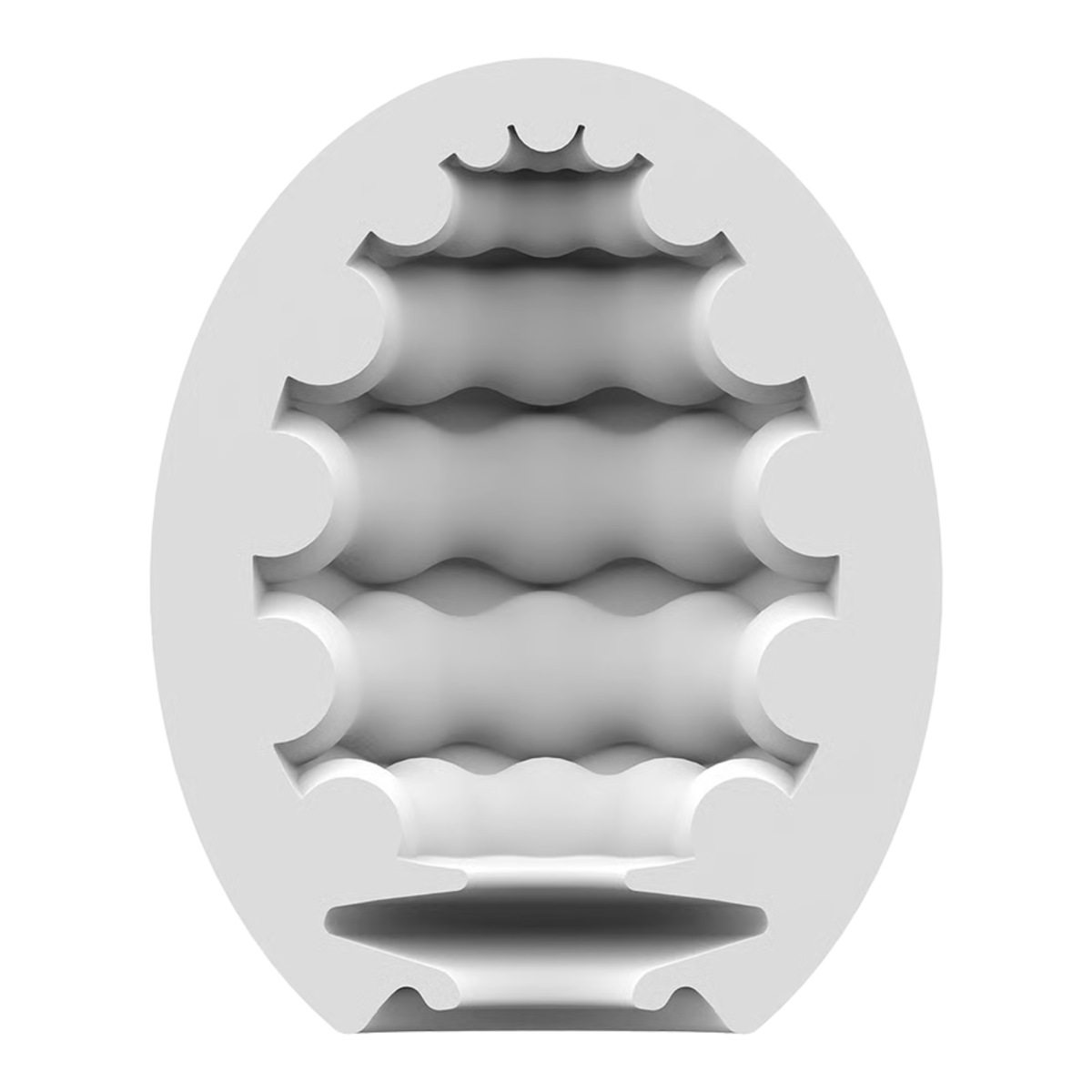 Cross-section view of the flexible white silicone inner sleeve for the Satisfyer Riffle Masturbator Egg, revealing its ribbed, multi-tiered internal texture designed for stimulation.