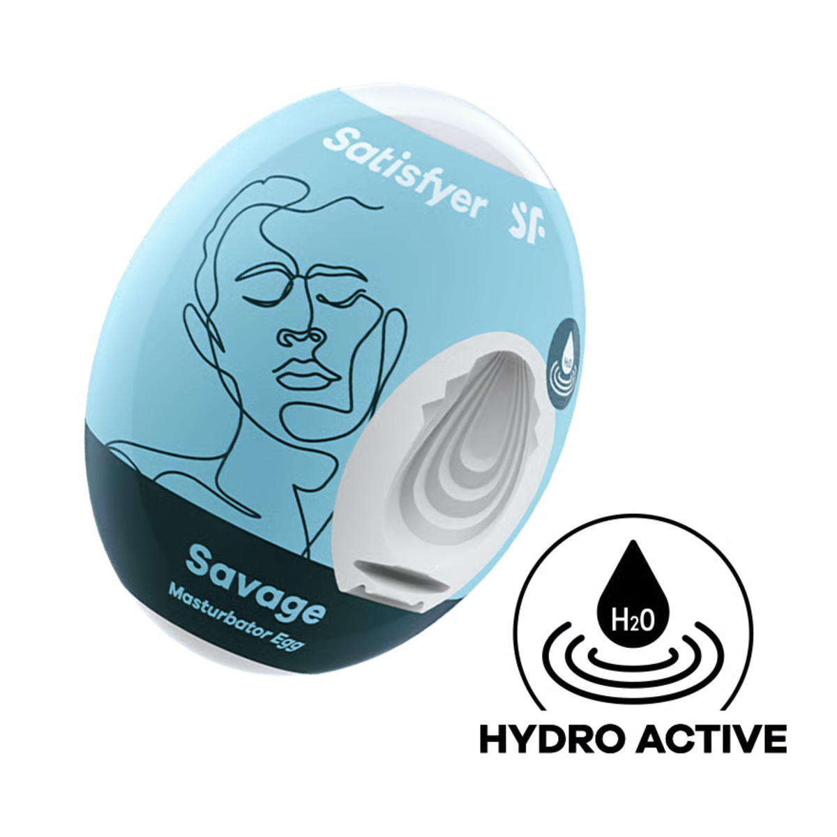 Studio product shot of the light blue and dark slate Satisfyer Savage Masturbator Egg packaging, displaying a cutaway to the concentric-ribbed white inner sleeve and a circular "Hydro Active" icon below.