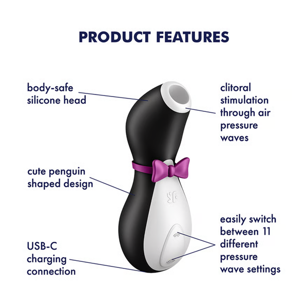 Infographic diagram listing the key features of the Satisfyer Penguin vibrator, including the body-safe silicone head, air pressure stimulation, penguin shape, 11 intensity settings, and USB-C charging.