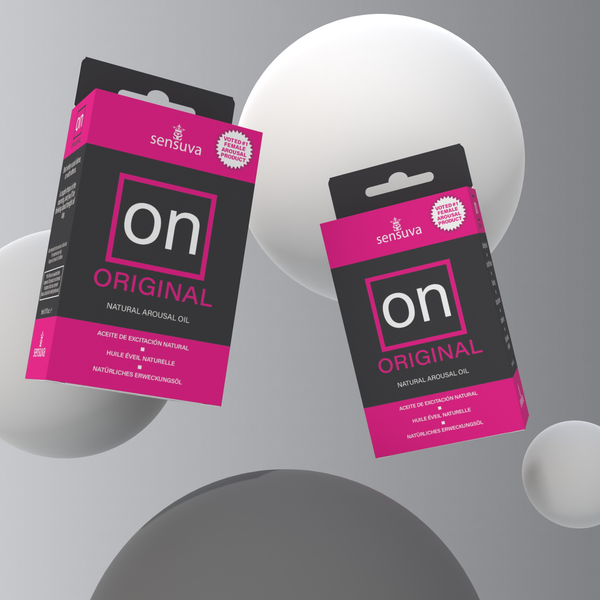 A dynamic layout showing two Sensuva ON Original boxes floating at an angle amidst large white and grey spheres. The background features a clean, seamless grey studio gradient.